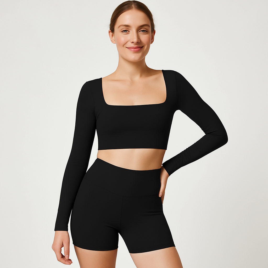 Conjunto Fitness Mujer – Top de Manga Larga + Shorts de Cintura Alta