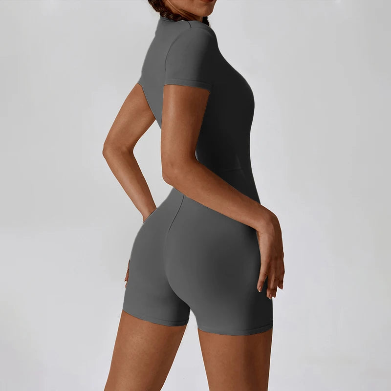 Macacão Fitness Mujer – Manga Corta con Cremallera Frontal