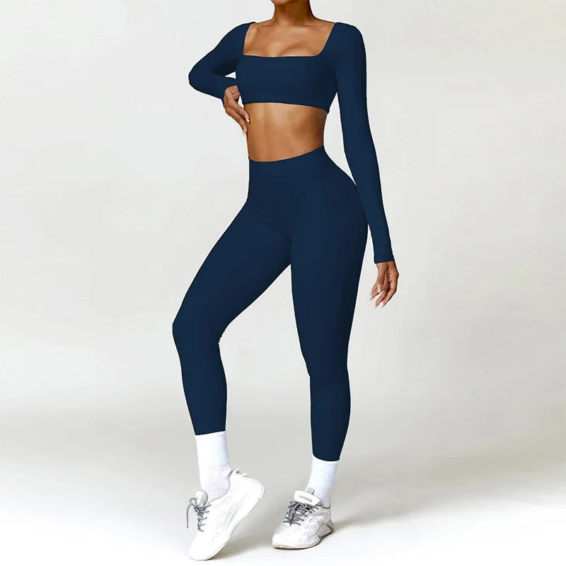 Conjunto Fitness Femenino con Manga Larga y Leggings de Cintura Alta