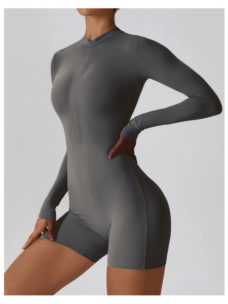 Macacão Fitness Mujer – Manga Larga con Cremallera Frontal