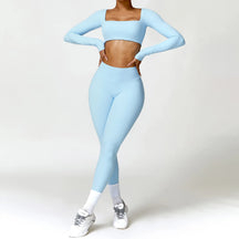 Conjunto Fitness Femenino con Manga Larga y Leggings de Cintura Alta
