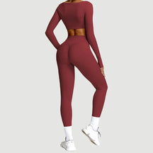 Conjunto Fitness Femenino con Manga Larga y Leggings de Cintura Alta