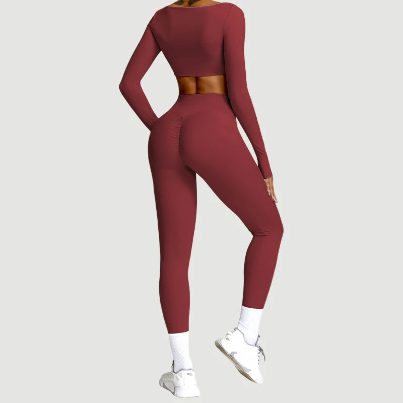 Conjunto Fitness Femenino con Manga Larga y Leggings de Cintura Alta