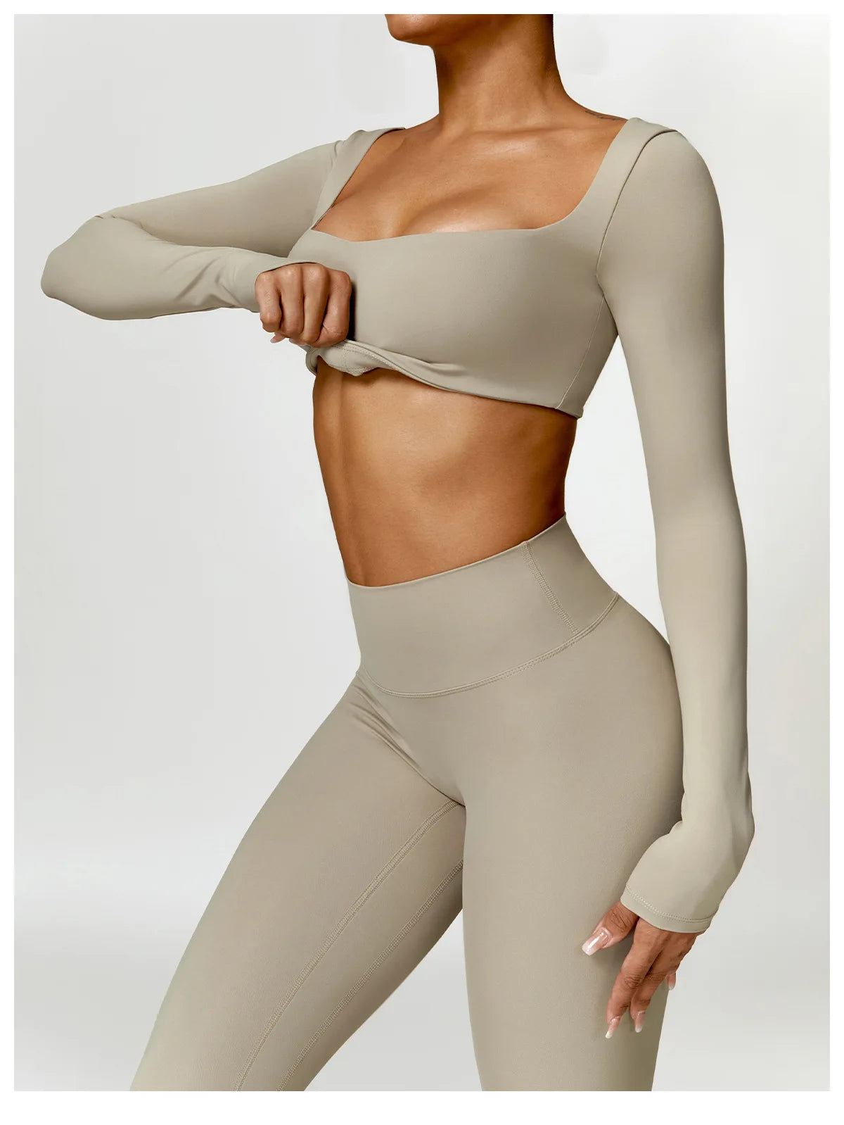 Conjunto Fitness Femenino con Manga Larga y Leggings de Cintura Alta