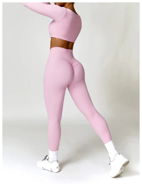 Conjunto Fitness Femenino con Manga Larga y Leggings de Cintura Alta