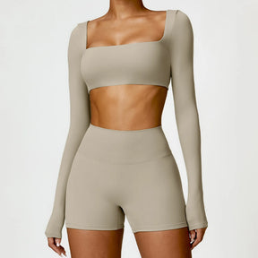Conjunto Fitness Mujer – Top de Manga Larga + Shorts de Cintura Alta