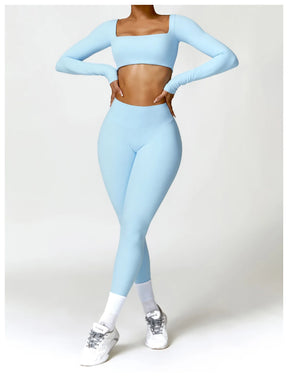 Conjunto Fitness Femenino con Manga Larga y Leggings de Cintura Alta