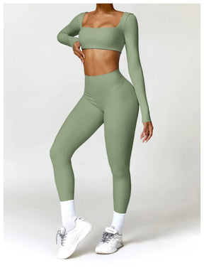 Conjunto Fitness Femenino con Manga Larga y Leggings de Cintura Alta