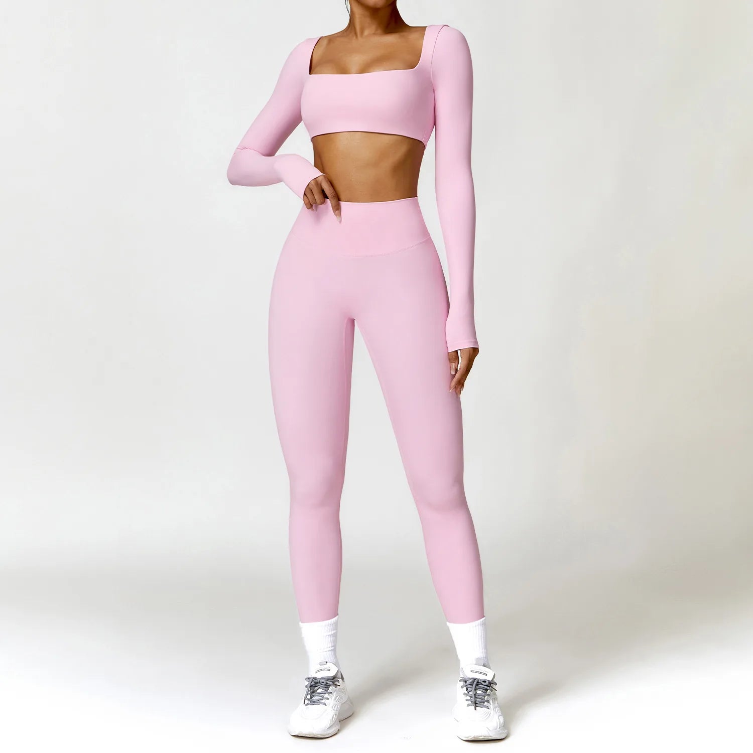 Conjunto Fitness Femenino con Manga Larga y Leggings de Cintura Alta