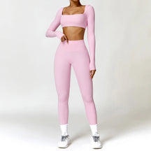 Conjunto Fitness Femenino con Manga Larga y Leggings de Cintura Alta