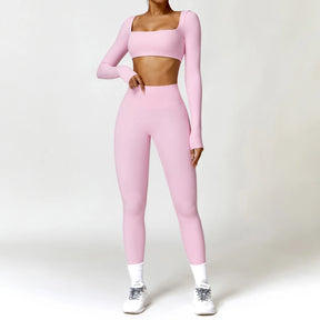 Conjunto Fitness Femenino con Manga Larga y Leggings de Cintura Alta