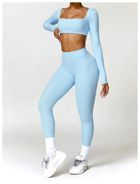 Conjunto Fitness Femenino con Manga Larga y Leggings de Cintura Alta