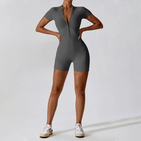 Macacão Fitness Mujer – Manga Corta con Cremallera Frontal