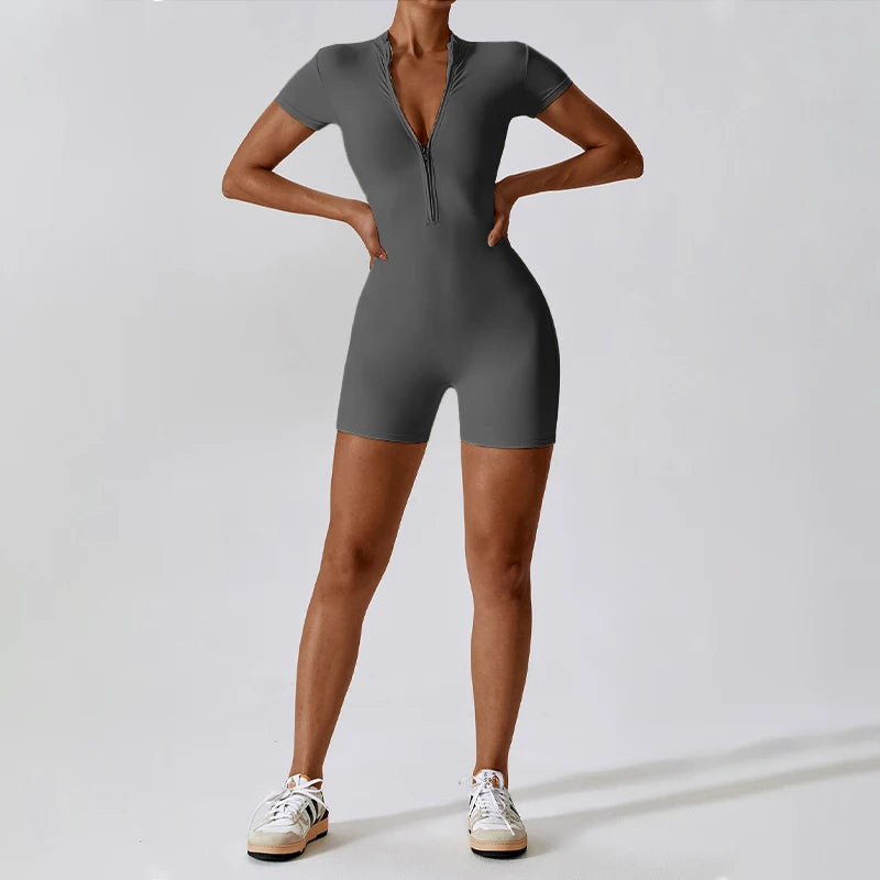 Macacão Fitness Mujer – Manga Corta con Cremallera Frontal