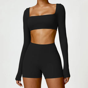 Conjunto Fitness Mujer – Top de Manga Larga + Shorts de Cintura Alta