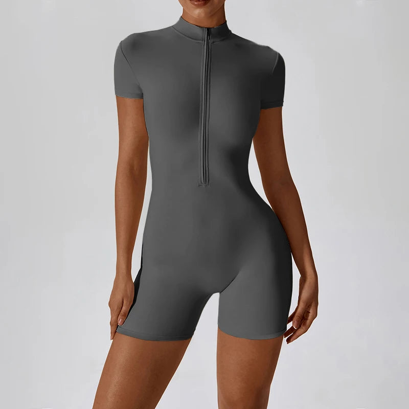 Macacão Fitness Mujer – Manga Corta con Cremallera Frontal