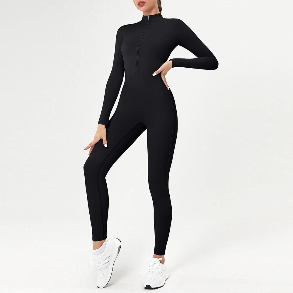 Macacão Fitness Mujer – Manga Larga con Cremallera Frontal