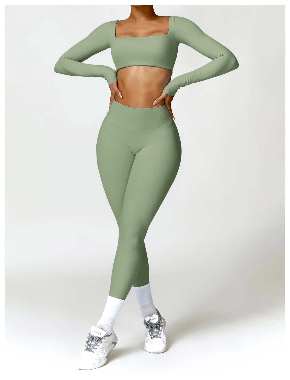 Conjunto Fitness Femenino con Manga Larga y Leggings de Cintura Alta