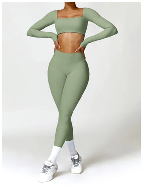 Conjunto Fitness Femenino con Manga Larga y Leggings de Cintura Alta