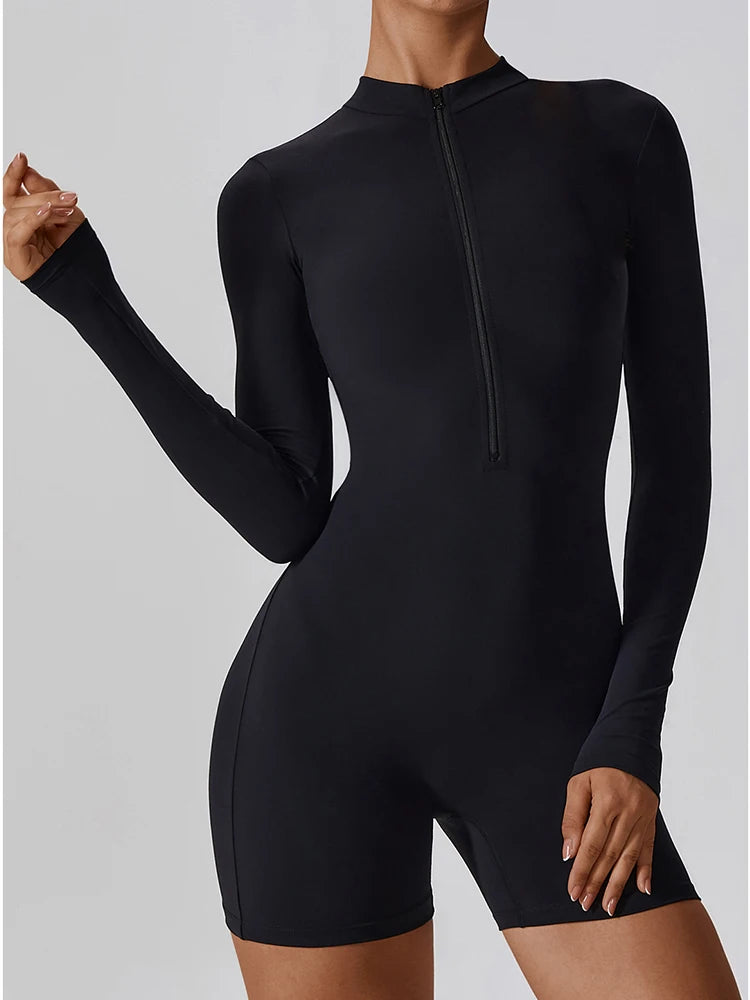 Macacão Fitness Mujer – Manga Larga con Cremallera Frontal