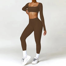 Conjunto Fitness Femenino con Manga Larga y Leggings de Cintura Alta