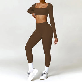 Conjunto Fitness Femenino con Manga Larga y Leggings de Cintura Alta