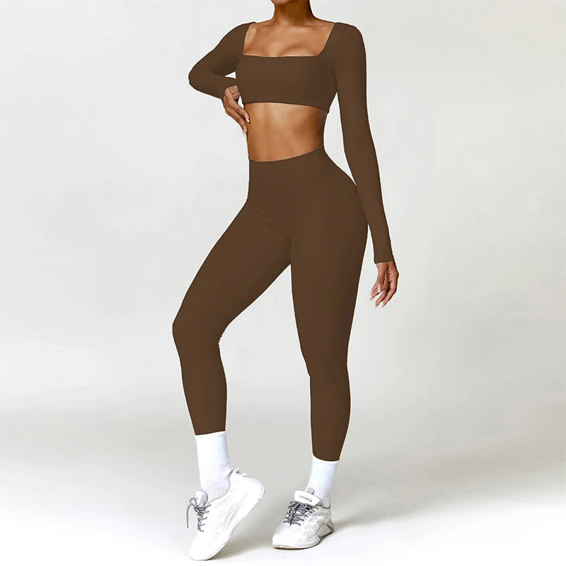 Conjunto Fitness Femenino con Manga Larga y Leggings de Cintura Alta