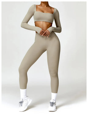 Conjunto Fitness Femenino con Manga Larga y Leggings de Cintura Alta