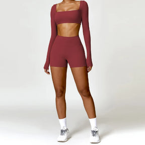 Conjunto Fitness Mujer – Top de Manga Larga + Shorts de Cintura Alta