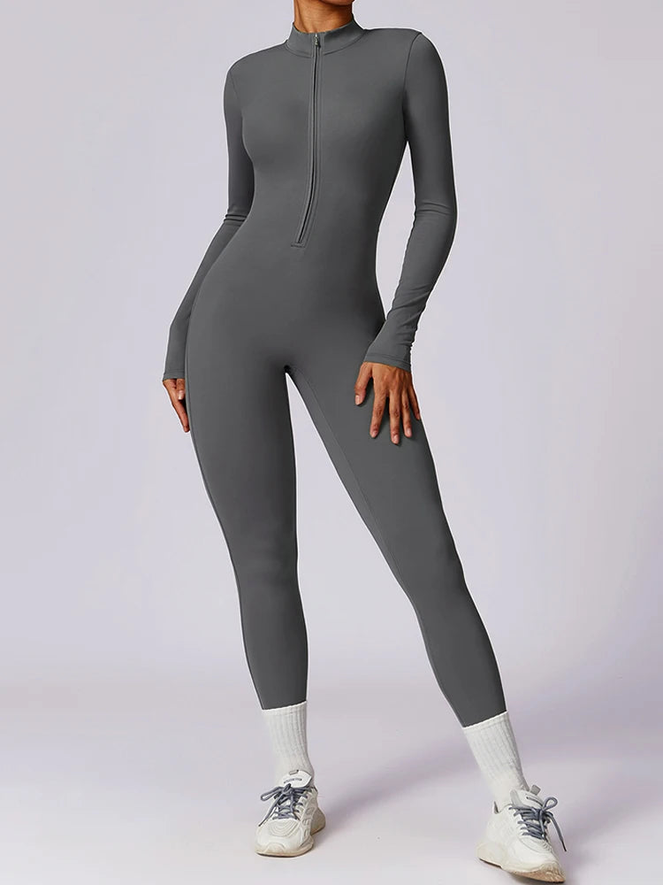Macacão Fitness Mujer – Manga Larga con Cremallera Frontal