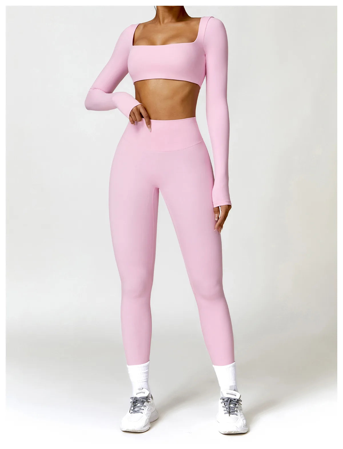 Conjunto Fitness Femenino con Manga Larga y Leggings de Cintura Alta