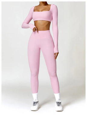 Conjunto Fitness Femenino con Manga Larga y Leggings de Cintura Alta