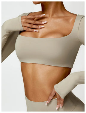 Conjunto Fitness Femenino con Manga Larga y Leggings de Cintura Alta