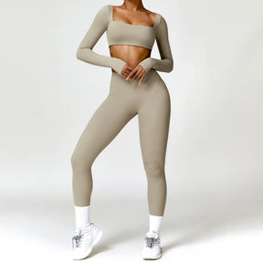 Conjunto Fitness Femenino con Manga Larga y Leggings de Cintura Alta
