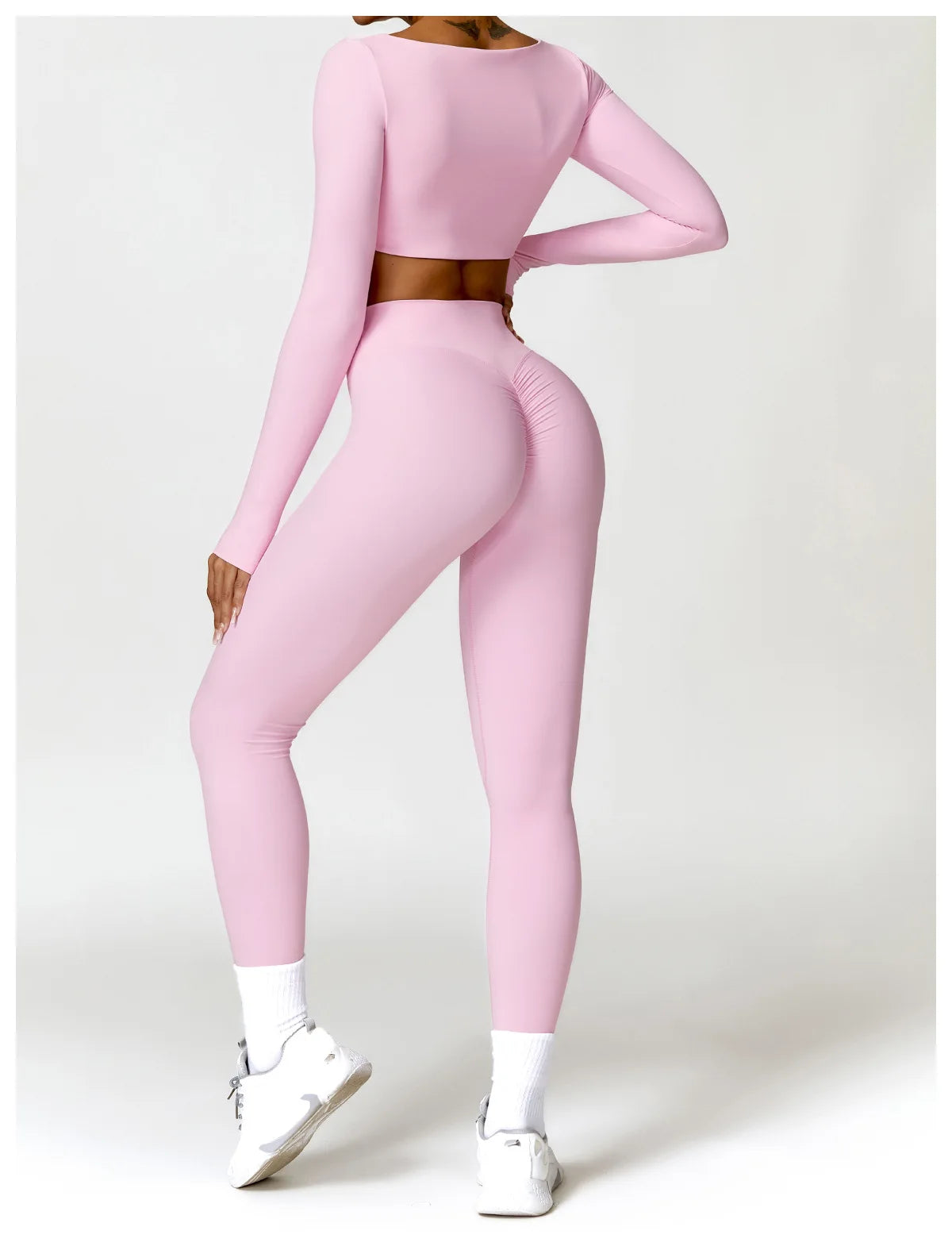 Conjunto Fitness Femenino con Manga Larga y Leggings de Cintura Alta