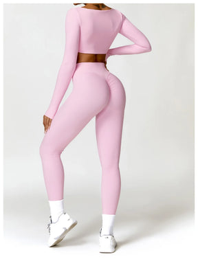 Conjunto Fitness Femenino con Manga Larga y Leggings de Cintura Alta