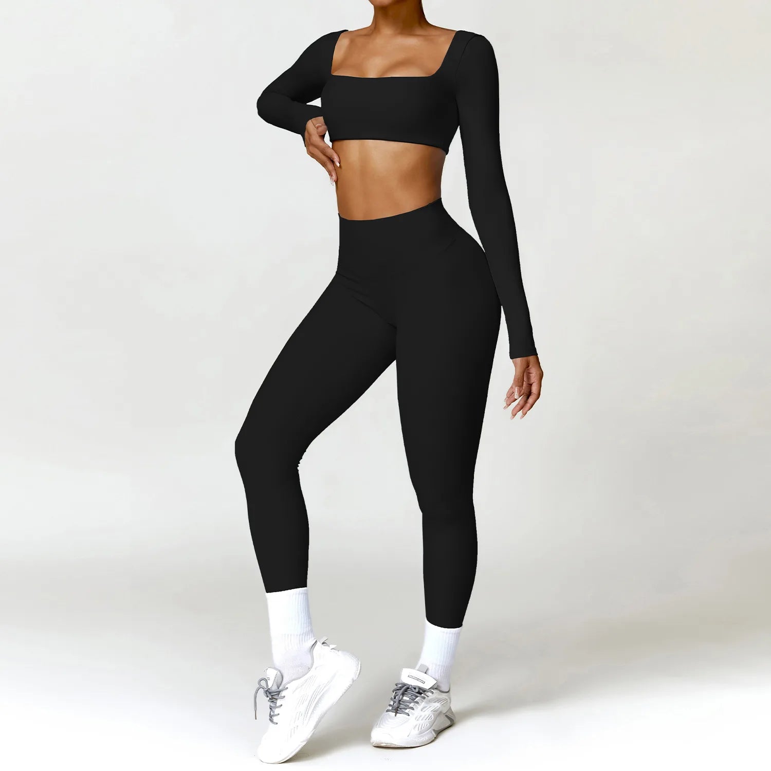 Conjunto Fitness Femenino con Manga Larga y Leggings de Cintura Alta