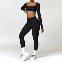 Conjunto Fitness Femenino con Manga Larga y Leggings de Cintura Alta