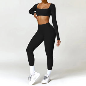 Conjunto Fitness Femenino con Manga Larga y Leggings de Cintura Alta