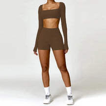 Conjunto Fitness Mujer – Top de Manga Larga + Shorts de Cintura Alta