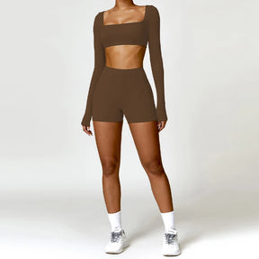 Conjunto Fitness Mujer – Top de Manga Larga + Shorts de Cintura Alta