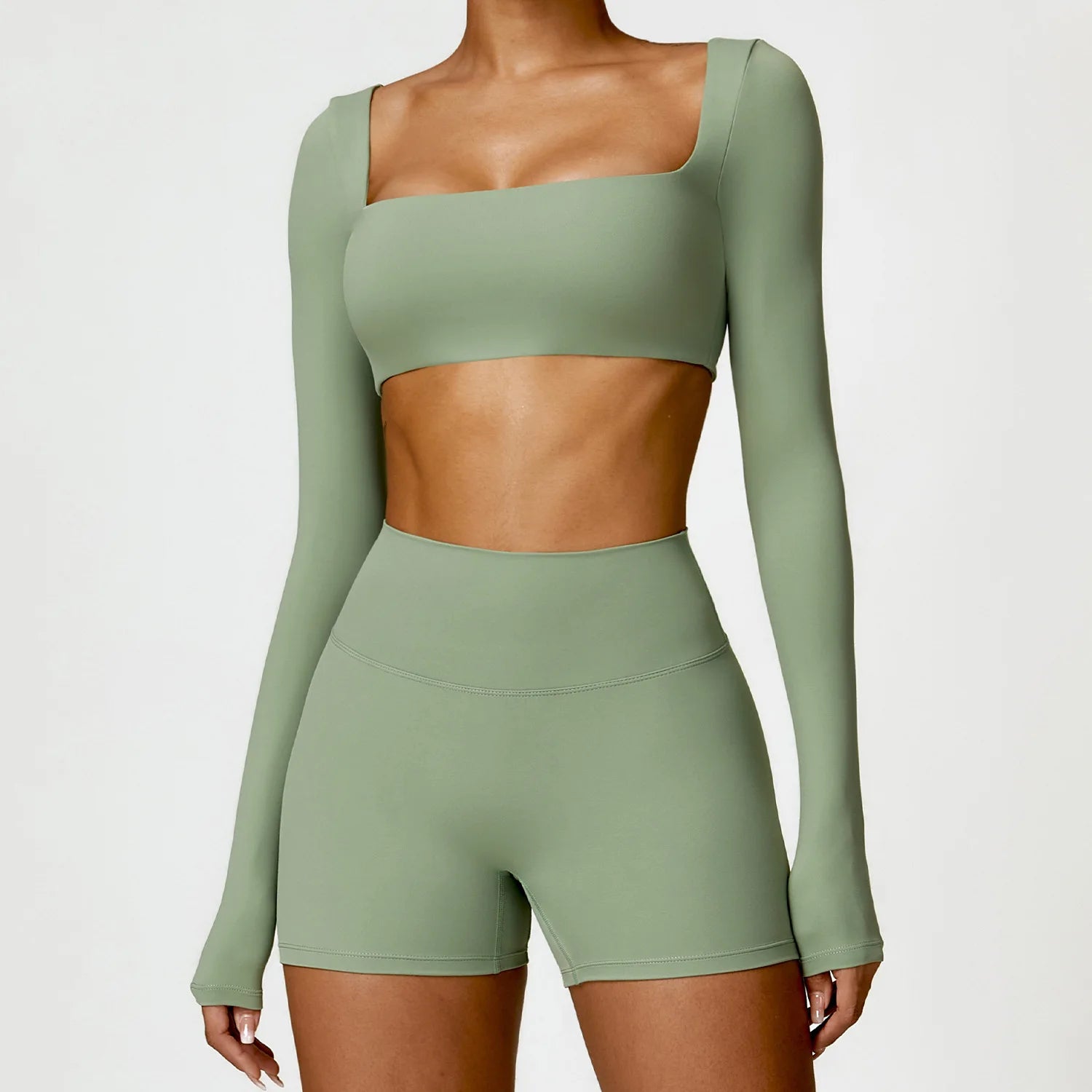 Conjunto Fitness Mujer – Top de Manga Larga + Shorts de Cintura Alta