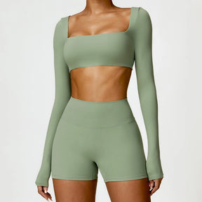Conjunto Fitness Mujer – Top de Manga Larga + Shorts de Cintura Alta