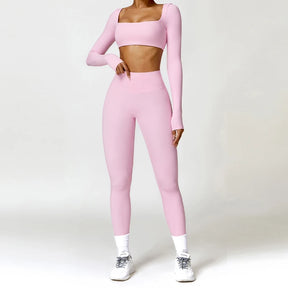 Conjunto Fitness Femenino con Manga Larga y Leggings de Cintura Alta