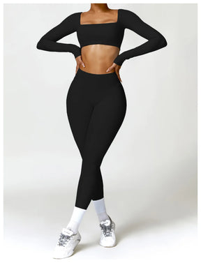 Conjunto Fitness Femenino con Manga Larga y Leggings de Cintura Alta
