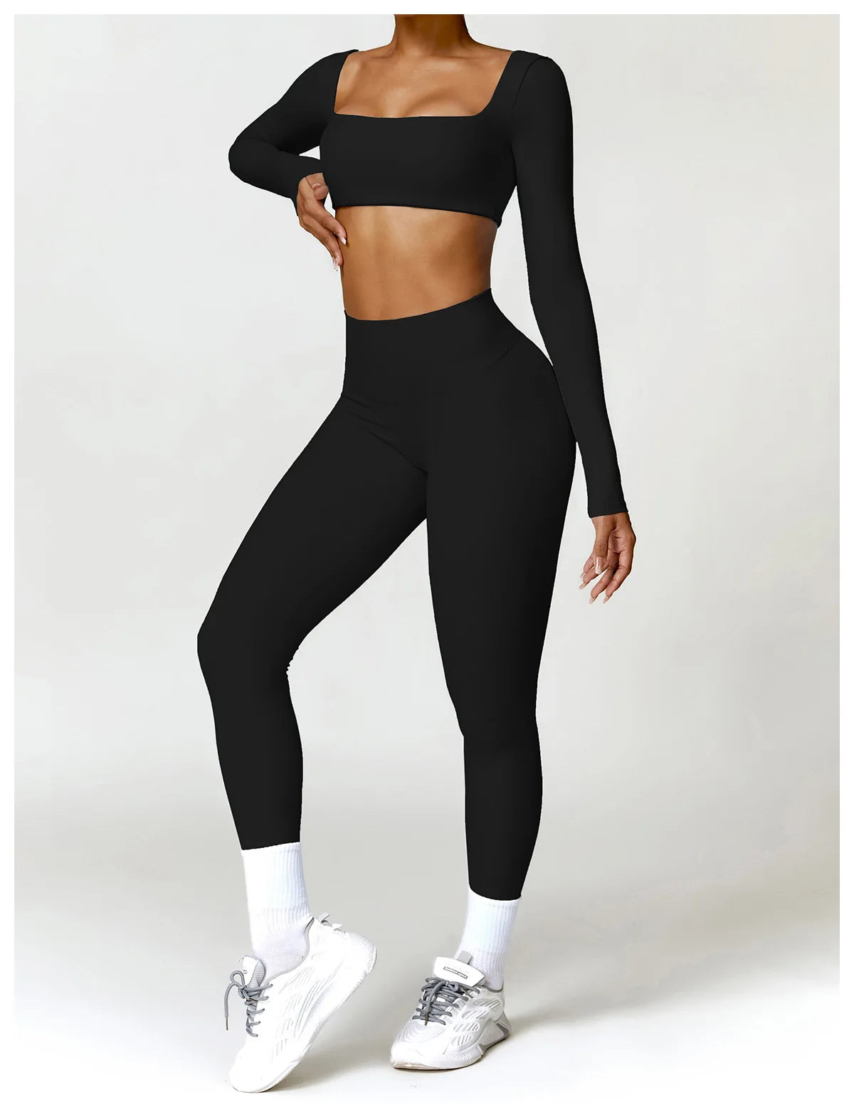 Conjunto Fitness Femenino con Manga Larga y Leggings de Cintura Alta