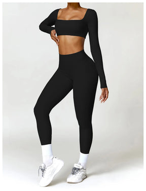 Conjunto Fitness Femenino con Manga Larga y Leggings de Cintura Alta