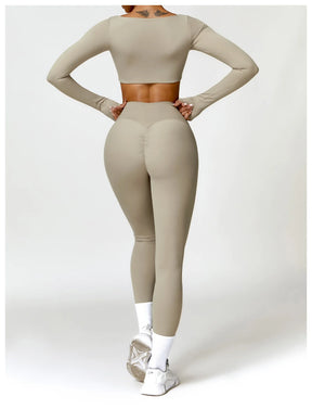 Conjunto Fitness Femenino con Manga Larga y Leggings de Cintura Alta