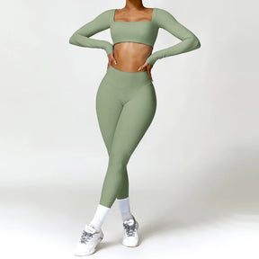 Conjunto Fitness Femenino con Manga Larga y Leggings de Cintura Alta